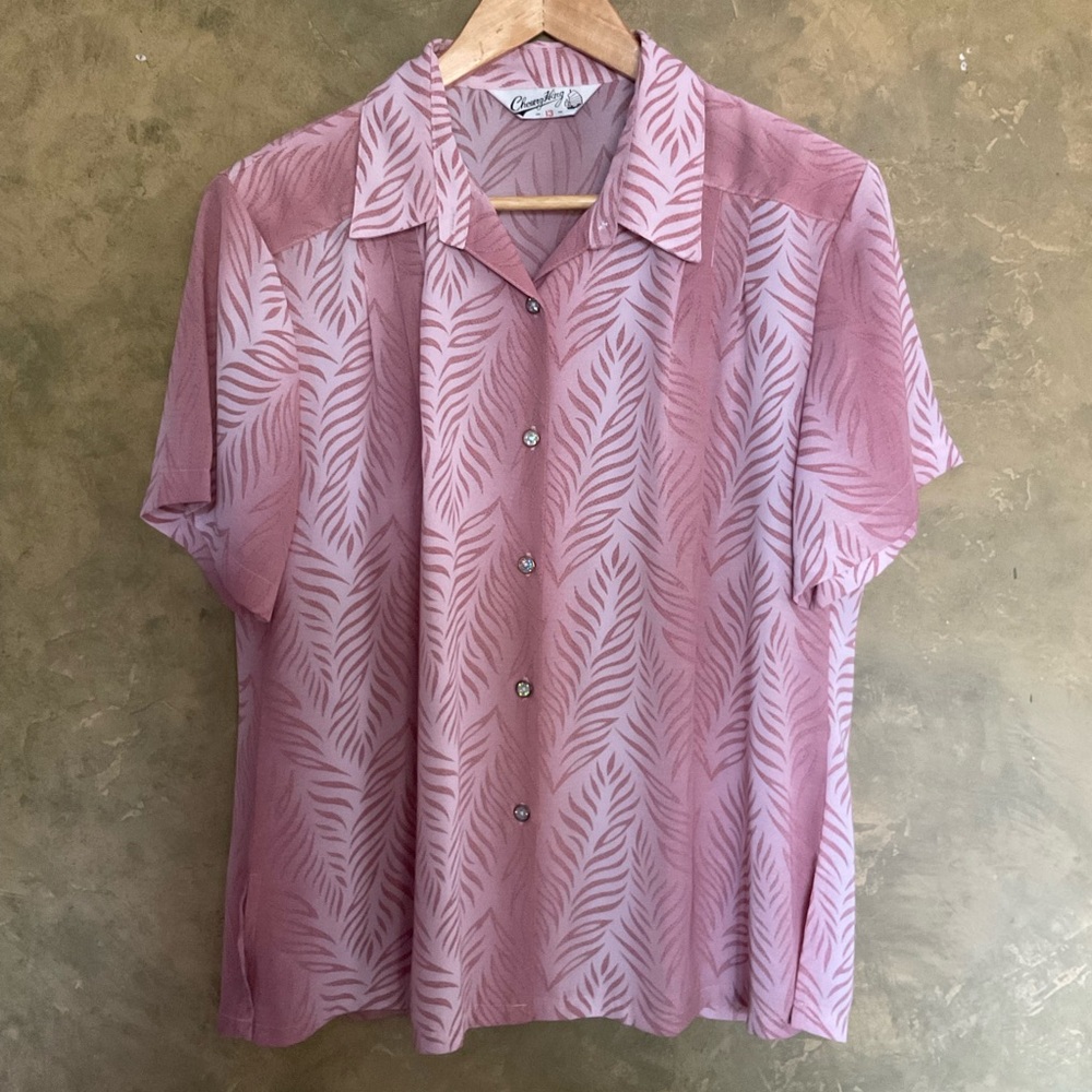 Vintage Soft Pink Leaf Motif Pleated Blouse